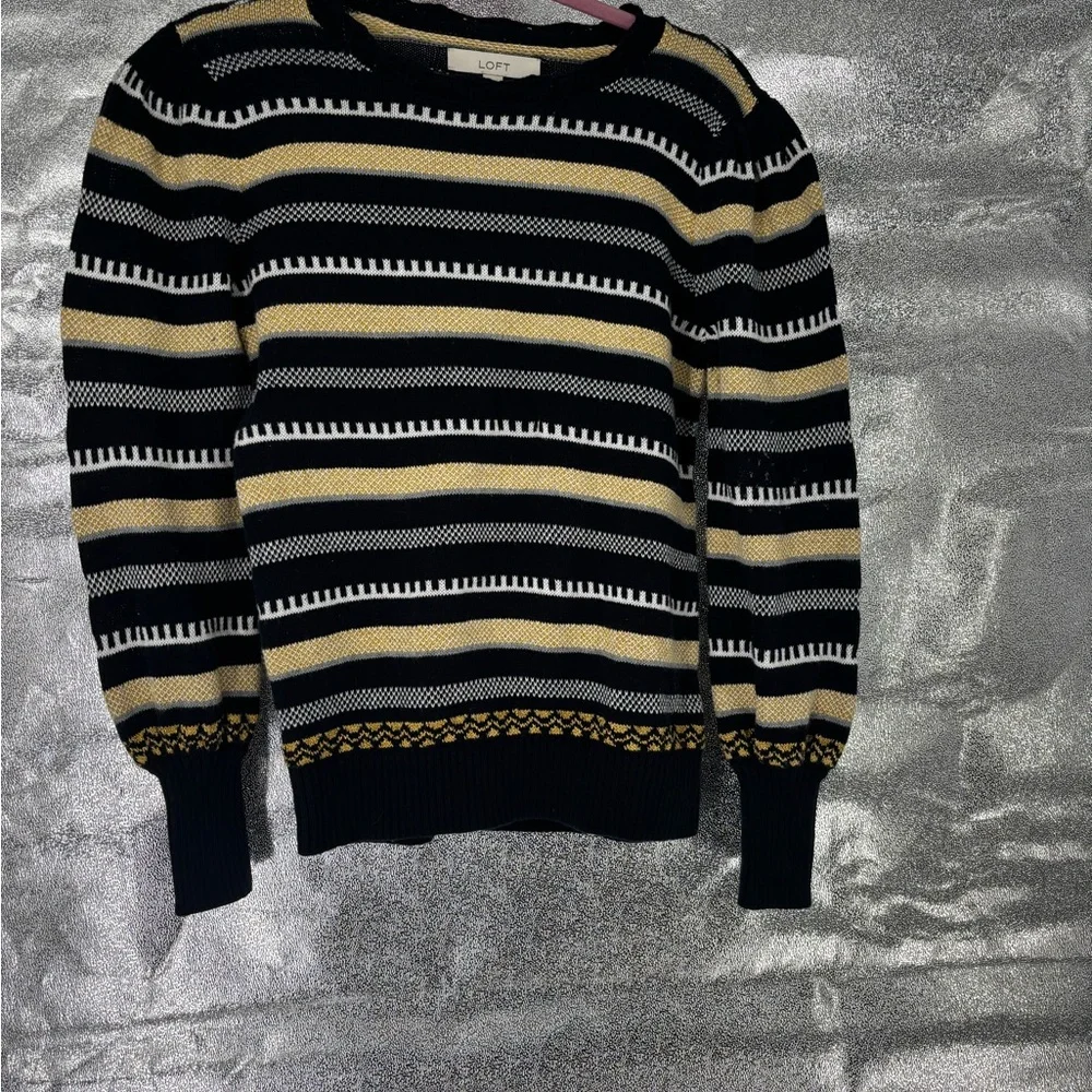 Loft Navy & Gold Striped Scallop Neck Sweater